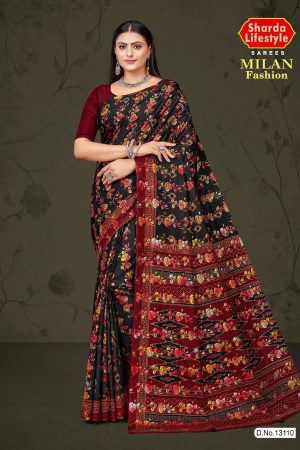 Milan Fashion cotton saree in black and metal red with rose flower design