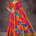 Colour Cinderella cotton saree with orange border, pink color base, and multi-color creative design