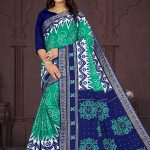 Hyko Puram Cotton Saree in Peacock Green and Navy Blue with Unique Design