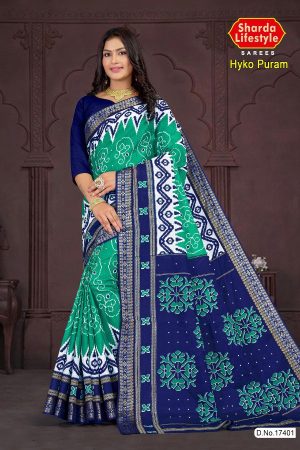 Hyko Puram Cotton Saree in Peacock Green and Navy Blue with Unique Design