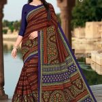 Tea Post Cotton Saree with Brown and Navy Blue with Authentic Design