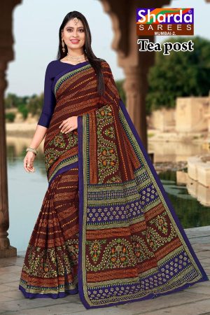 Tea Post Cotton Saree with Brown and Navy Blue with Authentic Design