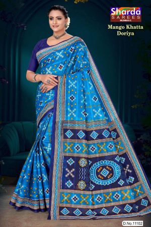 Mango Khatta Doriya blue and navy blue cotton saree with traditional bandhani design