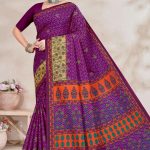 Full drape of Shagun Malai cotton saree with purple and orange floral accents