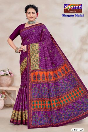 Full drape of Shagun Malai cotton saree with purple and orange floral accents