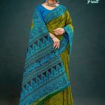 Blue and green seasonal fruit cotton saree with accent design