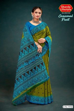 Blue and green seasonal fruit cotton saree with accent design