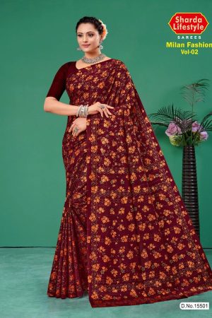 Milan Fashion Vol.02 cotton saree in maroon and copper with floral design