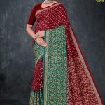 Bhagya Vidhata Gold cotton saree in maroon and dark green with small flower design