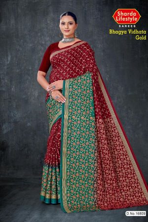 Bhagya Vidhata Gold cotton saree in maroon and dark green with small flower design