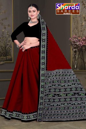 Choice of Orissa No. 2 cotton saree in dark red and black with simple design