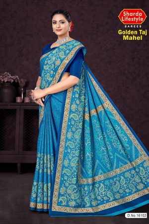 Golden Taj Mahal Cotton Saree in Blue and Golden Color