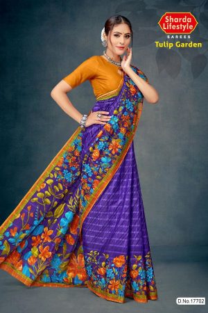 Tulip Garden Cotton Saree with Royal Blue and Orange with Flower Design