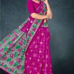 Lunch Break cotton saree in dark pink and grey with rose flower design