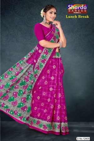 Lunch Break cotton saree in dark pink and grey with rose flower design