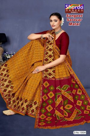 Orange and maroon sangeet sarovar malai cotton saree with embroidery design