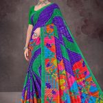 Colour Cinderella cotton saree with green border, dark blue base, and multi-color creative design