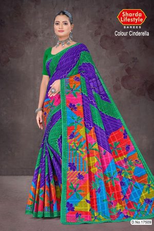 Colour Cinderella cotton saree with green border, dark blue base, and multi-color creative design