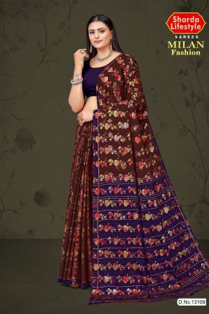 Milan Fashion cotton saree in maroon and bull color with rose flower design