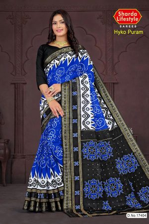 Hyko Puram Cotton Saree in Blue and Black with Unique Design