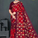 Meri Chandbali Gold Cotton Saree in Hot Red and Maroon with Crack Blast Design