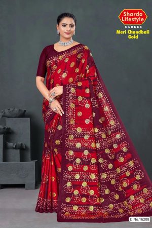 Meri Chandbali Gold Cotton Saree in Hot Red and Maroon with Crack Blast Design