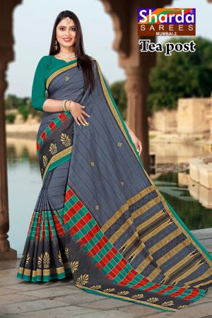 Tea Post Cotton Saree with Grey and Red with Authentic Design