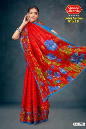 Lotus Garden with BP Cotton Saree in Red and Blue with Simple and Rich Design