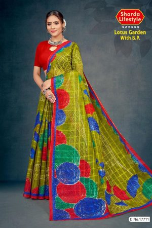 Lotus Garden with BP Cotton Saree in Mehndi and Red with Simple and Rich Design