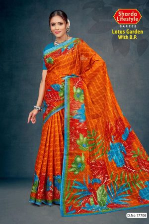 Lotus Garden with BP Cotton Saree in Orange and Sky Blue with Simple and Rich Design