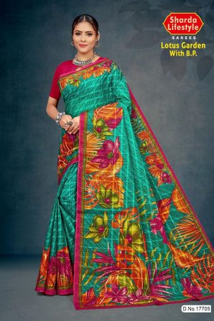 Lotus Garden with BP Cotton Saree in Peacock Green and Copper with Simple and Rich Design