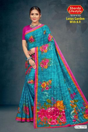 Lotus Garden with BP Cotton Saree in Water Blue and Pink with Simple and Rich Design