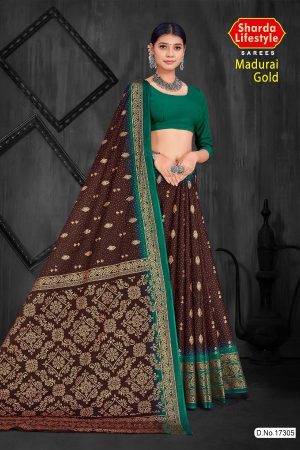 Madurai Gold Cotton Saree in Brown and Dark Green with Wonderful Design