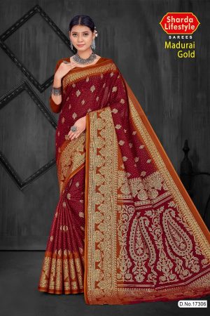 Madurai Gold Cotton Saree in Maroon and Dull Cream with Wonderful Design