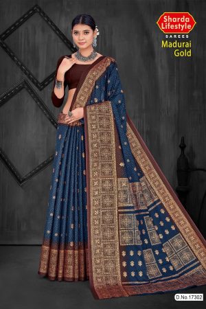 Madurai Gold Cotton Saree in Navy Blue and Brown with Wonderful Design