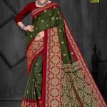 Madurai Gold Cotton Saree in Dark Mehndi and Red with Wonderful Design