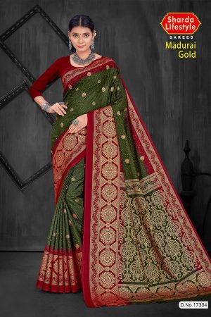 Madurai Gold Cotton Saree in Dark Mehndi and Red with Wonderful Design