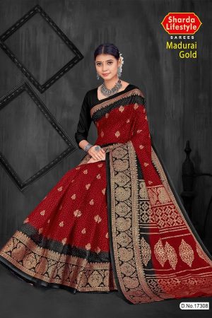 Madurai Gold Cotton Saree in Red and Black with Wonderful Design