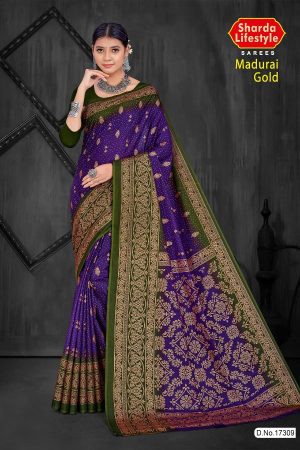 Madurai Gold Cotton Saree in Magenta and Green with Wonderful Design