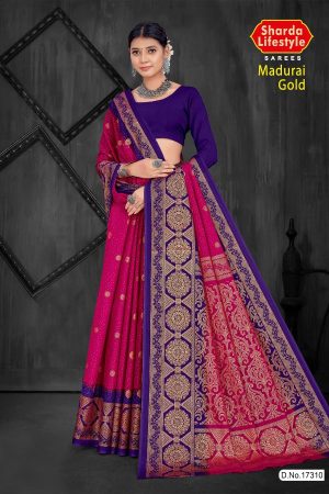 Madurai Gold Cotton Saree in Pink and Royal Blue with Wonderful Design