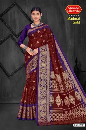 Madurai Gold Cotton Saree in Maroon and Royal Purple with Wonderful Design