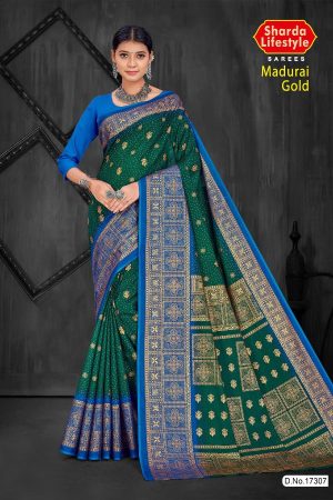 Madurai Gold Cotton Saree in Dark Green and Light Blue with Wonderful Design