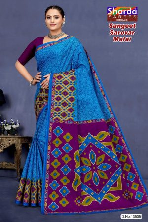 Blue and magenta sangeet sarovar malai cotton saree with embroidery design