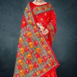 Lunch Break cotton saree in red and grey with rose flower design