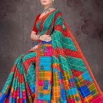 Colour Cinderella cotton saree with red border, light green base, and multi-color creative design