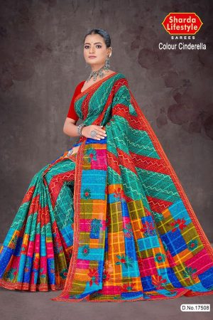 Colour Cinderella cotton saree with red border, light green base, and multi-color creative design