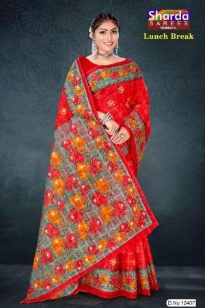 Lunch Break cotton saree in red and grey with rose flower design