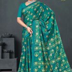 Meri Chandbali Gold Cotton Saree in Peacock Green and Golden with Crack Blast Design