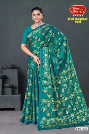 Meri Chandbali Gold Cotton Saree in Peacock Green and Golden with Crack Blast Design