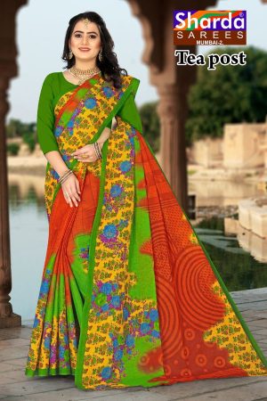 Tea Post Cotton Saree with Green and Yellow with Authentic Design